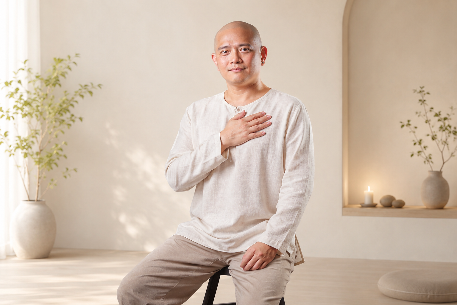 講師黃光佑於自然光中撫胸